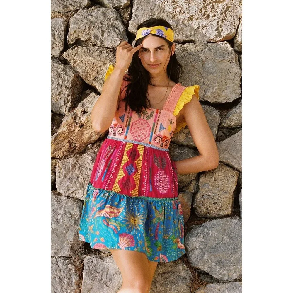 Anthropologie Farm Rio Colorblocked Mini Dress Large Embroidered Design Tiered